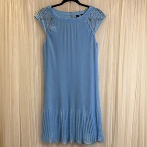DKNY Blue Pleated Trapeze Dress with Lace Cap Sleeves